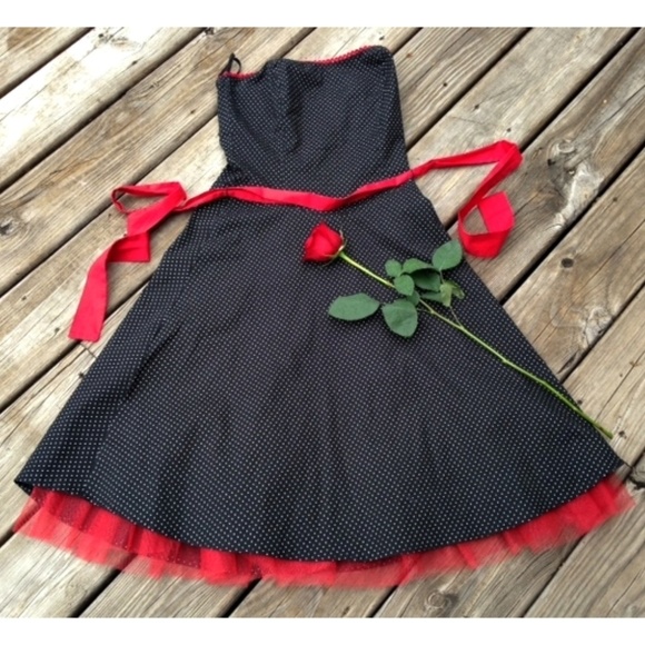 Strapless Rockabilly Black Red Dot Swing Dress 11